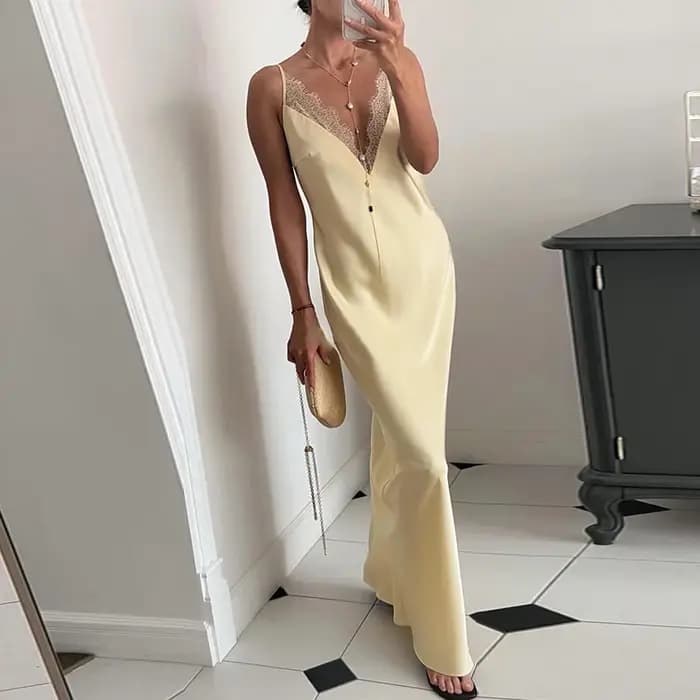 Robe longue sexy en dentelle patchwork pour femme, col en V, sans manches, collection Printemps-Été