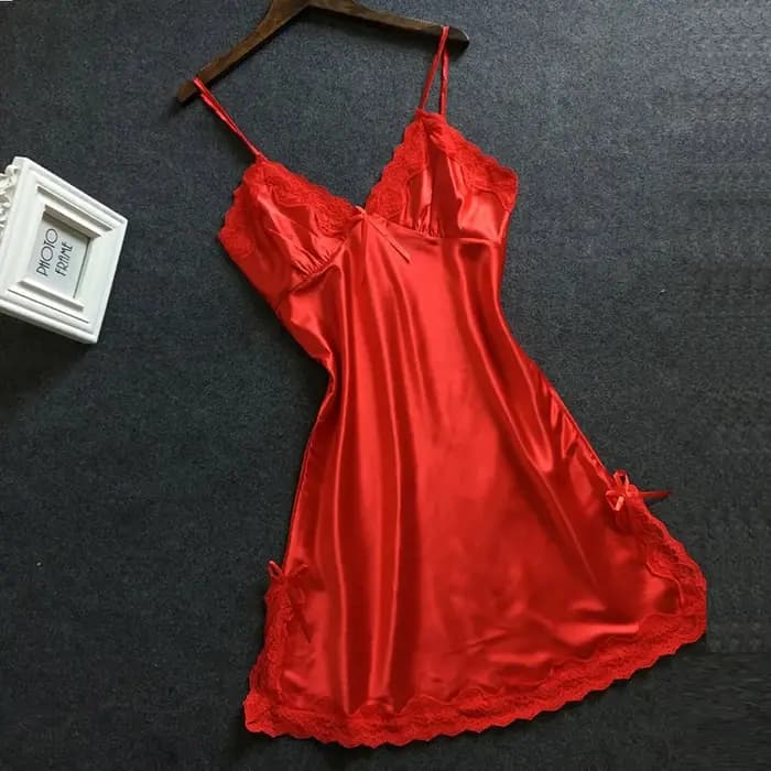 Femmes rouge Satin Sexy nuisettes nœud papillon dentelle col en V fronde Lingerie vêtements de nuit