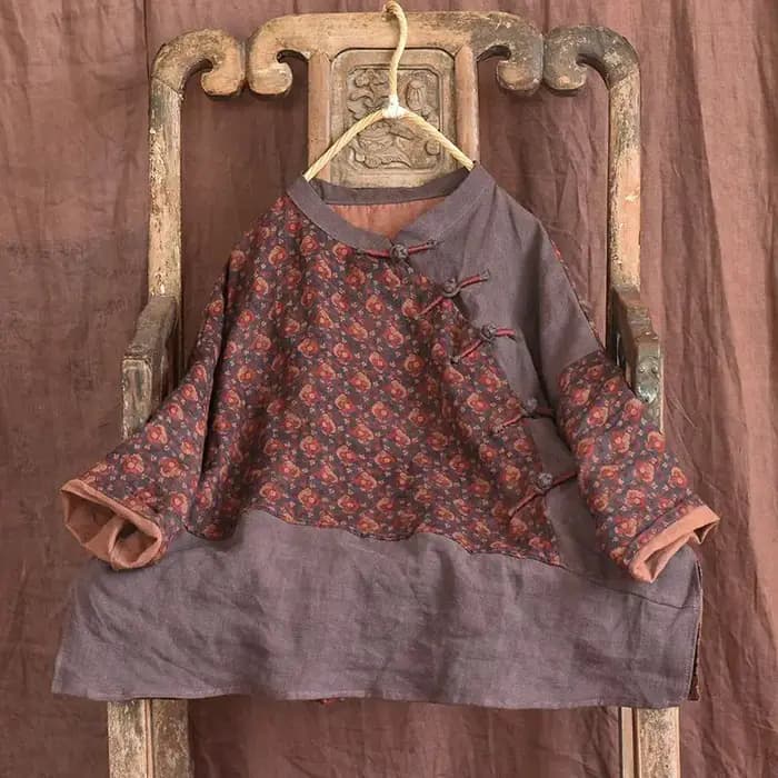 Coton lin t-shirts femmes mode imprimé contrasté à lacets chemise artistique irrégulière Vintage sur