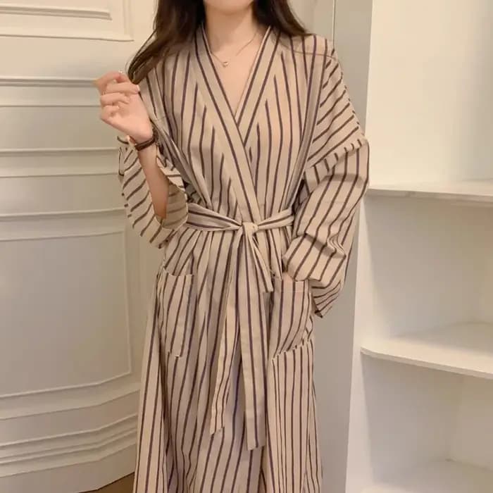 Peignoir pour femme : Robe kimono rayée à manches longues toutes saisons – Pyjama et vêtements de détente amples