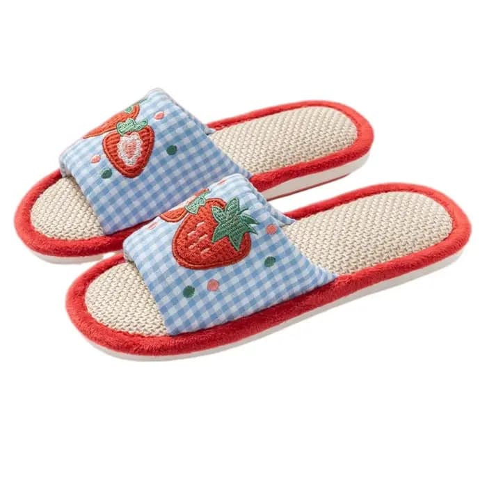 Kawaii fraise maison lin pantoufles anti-dérapant lin doux