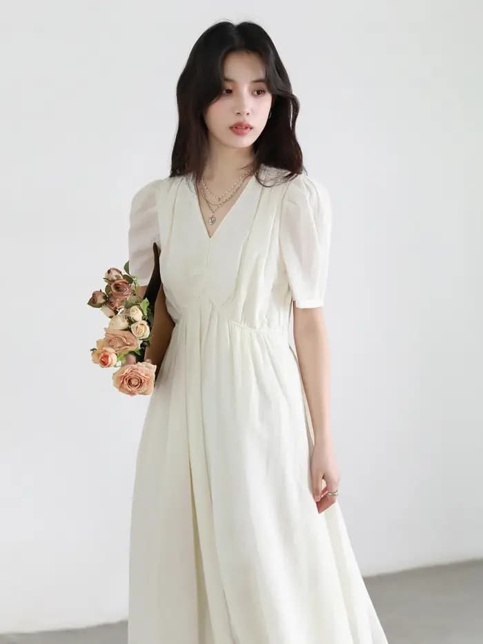CHIC VEN nouvelles femmes robes solide ample décontracté nouveau col en v une ligne manches courtes bulle femme longue robe printemps été 2025