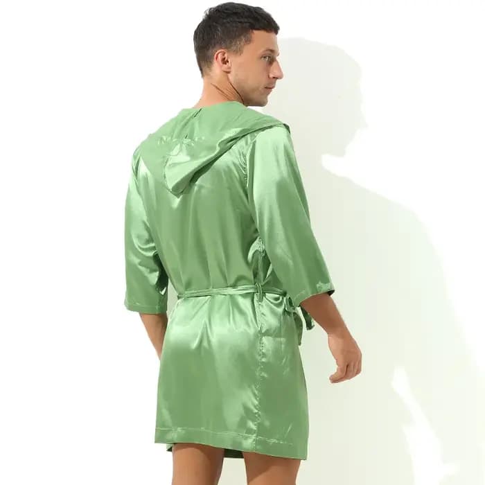 Homme Robe à capuche soie Satin Kimono vêtements de nuit demi manches peignoir