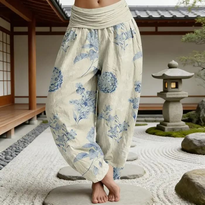 Pantalon Harem Femme Imprimé Nuages Orientaux en Coton Confortable