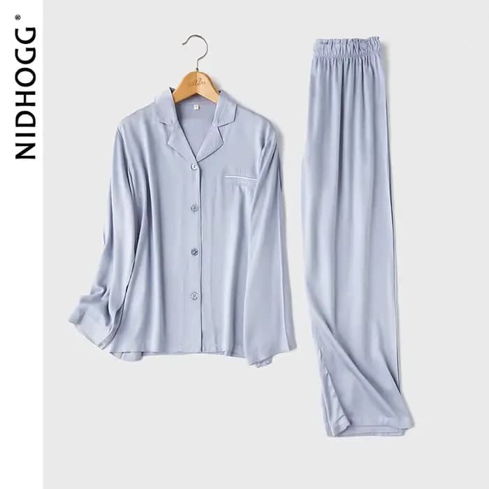 Pyjama en Satin à Manches sulfet Col Rabattu pour Couple, Vêtement de Nuit 2 Pièces, Couleur Unie, a