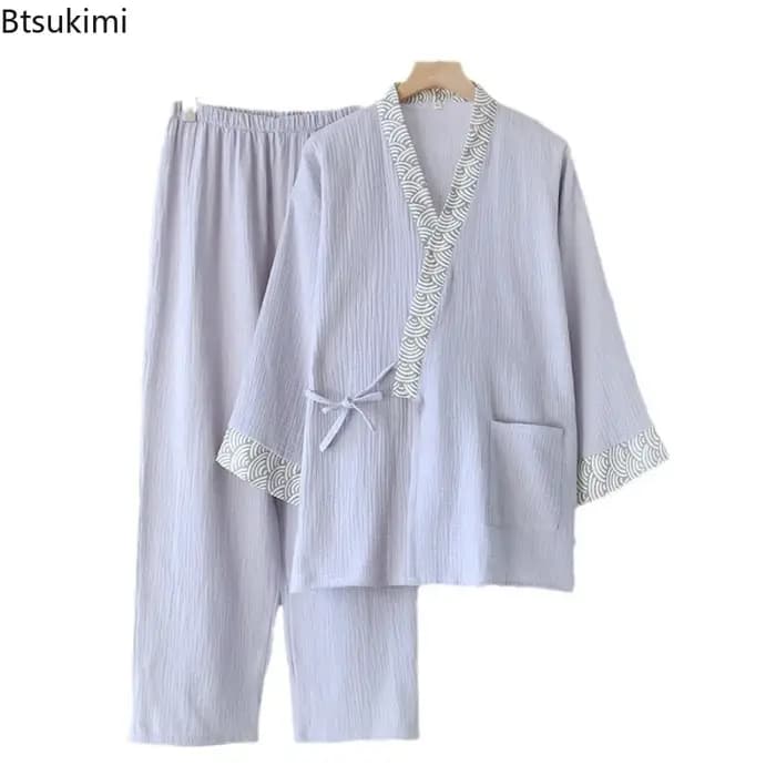 Ensemble pyjama homme 2026 : Kimono et pantalon à manches longues en coton crêpe pour l'automne et le printemps