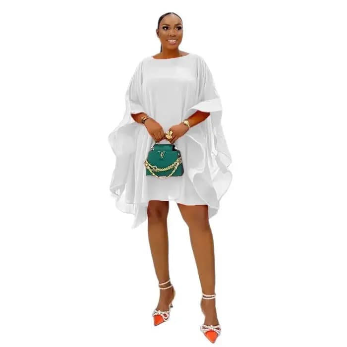 Femmes élégantes robes Simple solide en mousseline de soie col rond manches cape ample taille moyenne casual dîner