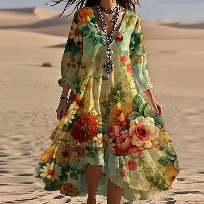 Robe Maxi Chic à manches trois quarts pour femmes, robe de soirée en Patchwork à col en V, ample et