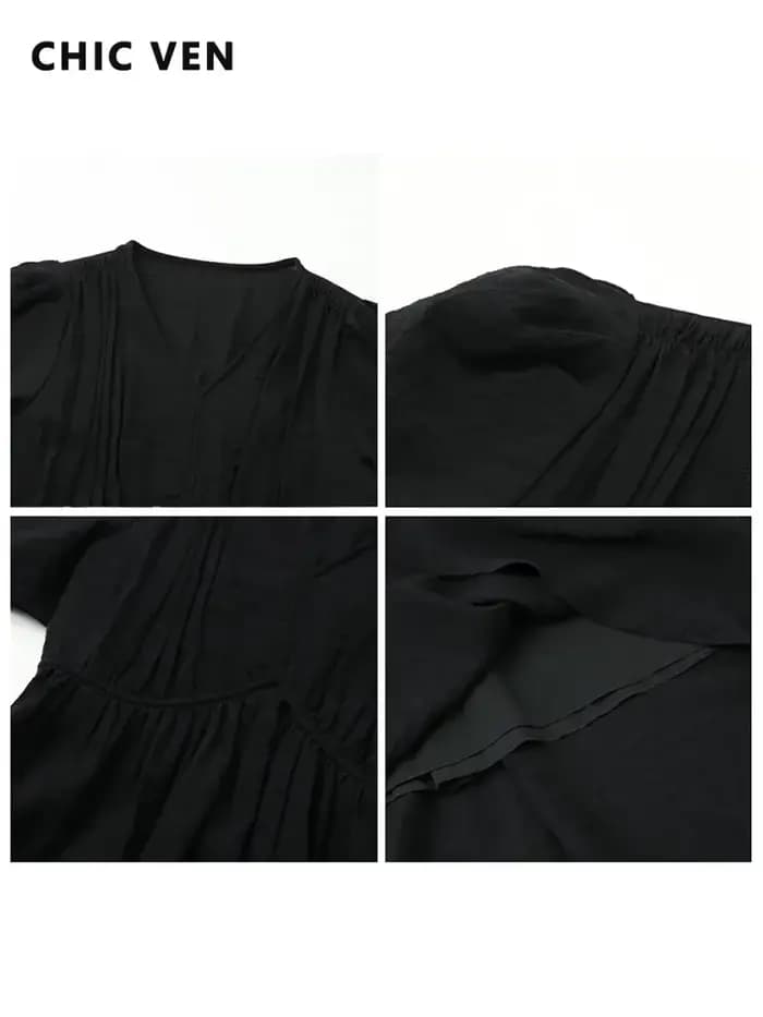CHIC VEN-Robe longue à manches bouffantes et col en V pour femme