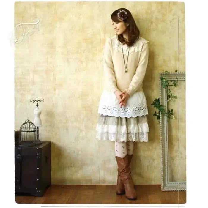 Robe maxi plissée à volants Lolita Sweet Lace Layer pour femmes