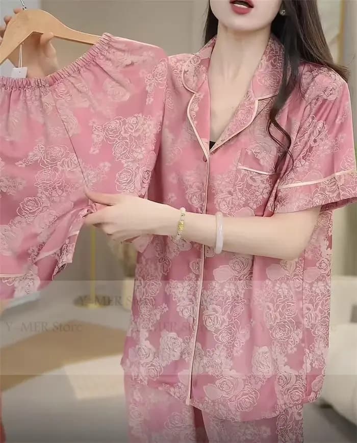 Pyjama Jacquard jaune Femme femmes vêtements de maison élégants à manches courtes Pijama Mujer Sexy dentelle garniture