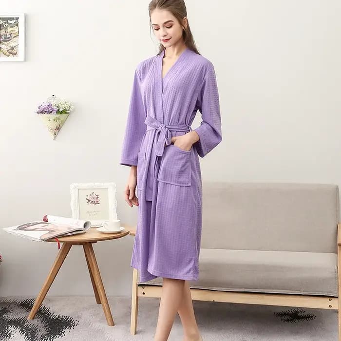 Peignoir long léger unisexe en tissu gaufré à manches trois-quarts pour hôtels