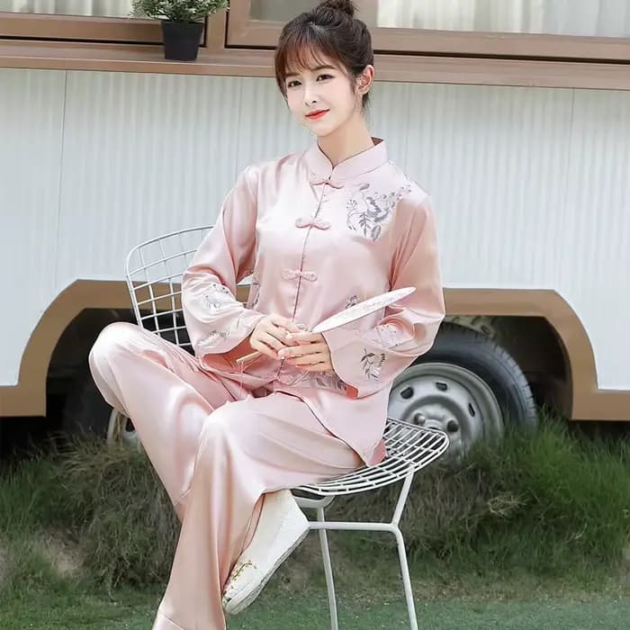 Pritning fleur chinois pyjamas ensemble de sommeil chemise pantalon col montant vêtements de nuit 2 pièces broderie