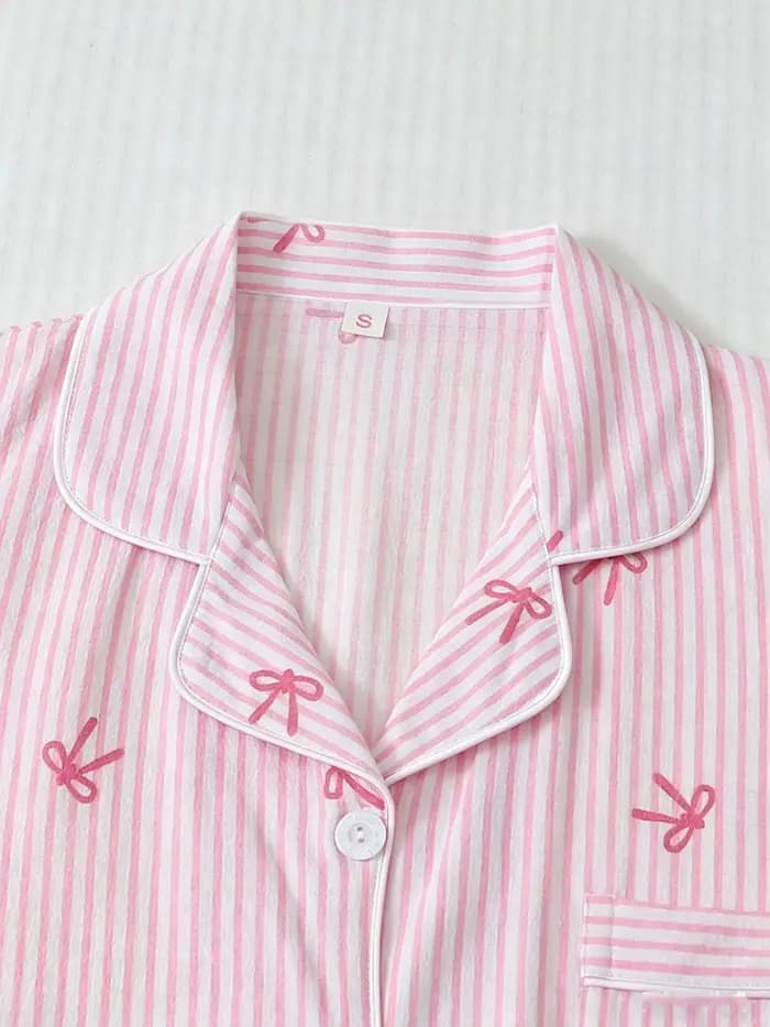Pyjama classique rayé avec imprimé nœud pour femme