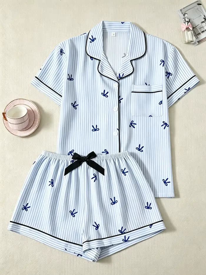 Pyjama classique rayé avec imprimé nœud pour femme