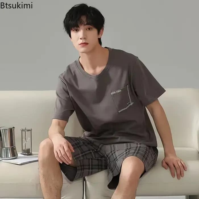 Soldes d'été : Ensemble pyjama homme en coton deux pièces – T-shirt à manches courtes et short décontracté et tendance pour la maison
