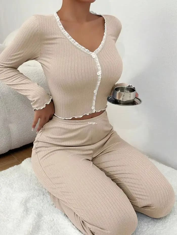 Automne hiver pyjamas ensemble pour femmes Homewear manches longues chemise pantalon 2 pièces Sexy dentelle Pijamas