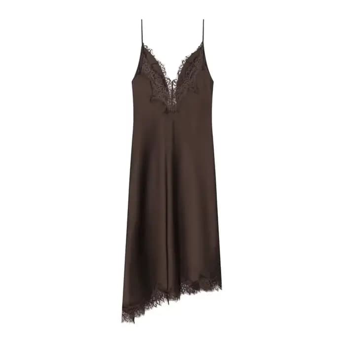 Robe Femme 2026 Nouvelle Collection Printemps-Été en Dentelle et Satin Texturé Marron Asymétrique –