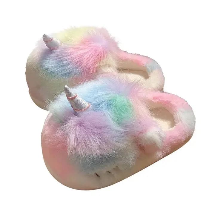 Mignon licorne hiver nouvelles femmes pantoufle talon souple plate-forme fourrure chaud intérieur confortable maison