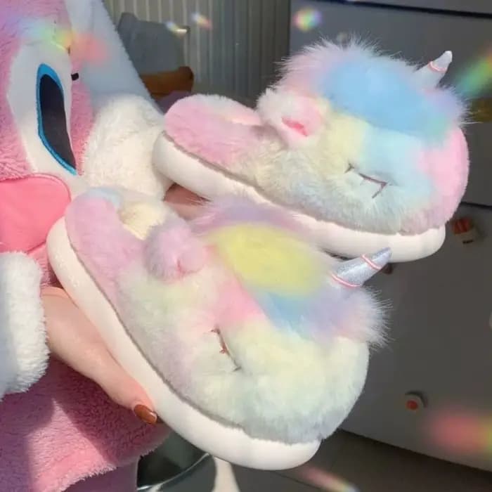 Mignon licorne hiver nouvelles femmes pantoufle talon souple plate-forme fourrure chaud intérieur confortable maison