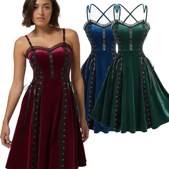 Femmes gothique Vintage robes Costume à lacets PU sangle Rivet croisé à bretelles velours Halloween robe