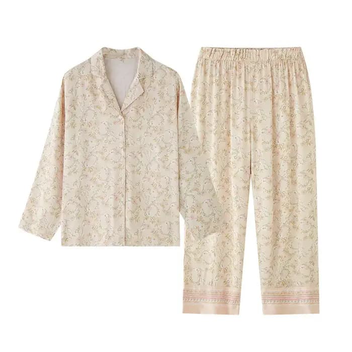 Ensemble pyjama classique à fleurs pour femmes, manches longues, boutonné, vêtements de nuit en Visc