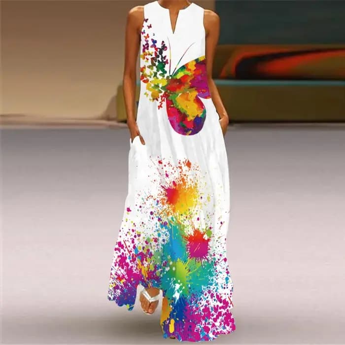 Robe longue à col en V pour femmes avec poche