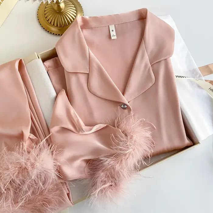 Pyjama de luxe en Satin soyeux avec plumes pour femme, 2 pièces, Cardigan à manches longues + pantal
