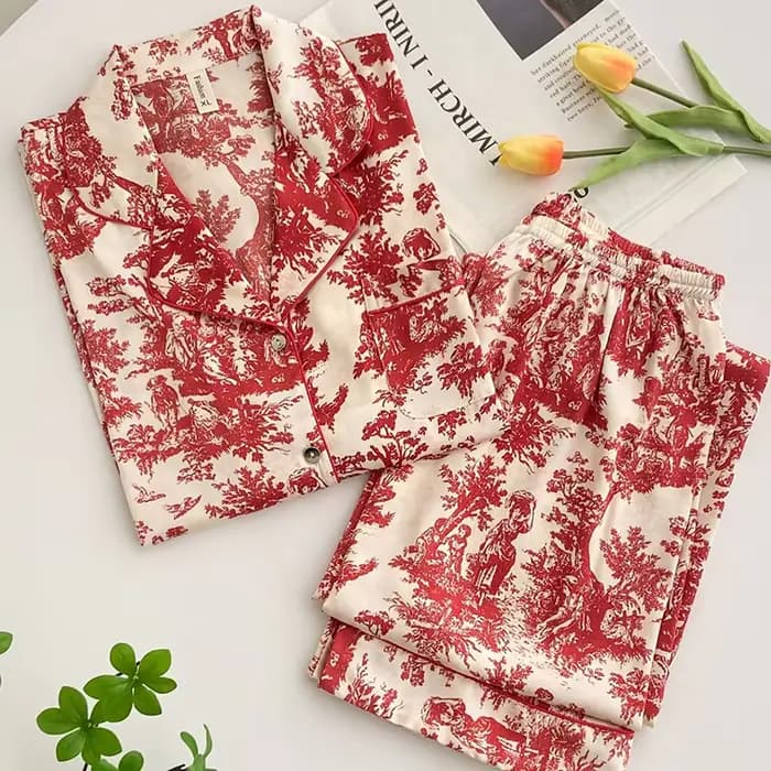 Mode imprimé fleur 2 pièces Pyjamas ensemble femmes vêtements de nuit printemps été pantalon costumes salon porter ample Satin Homewear Pijamas costume