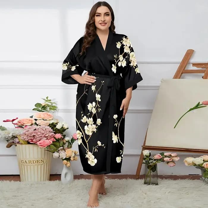 Printemps automne nouvelle Robe longue pour femmes Homewear imprimé fleur Kimono peignoir