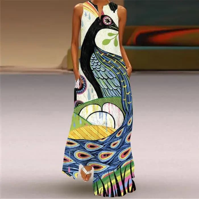 Robe longue à col en V pour femmes avec poche