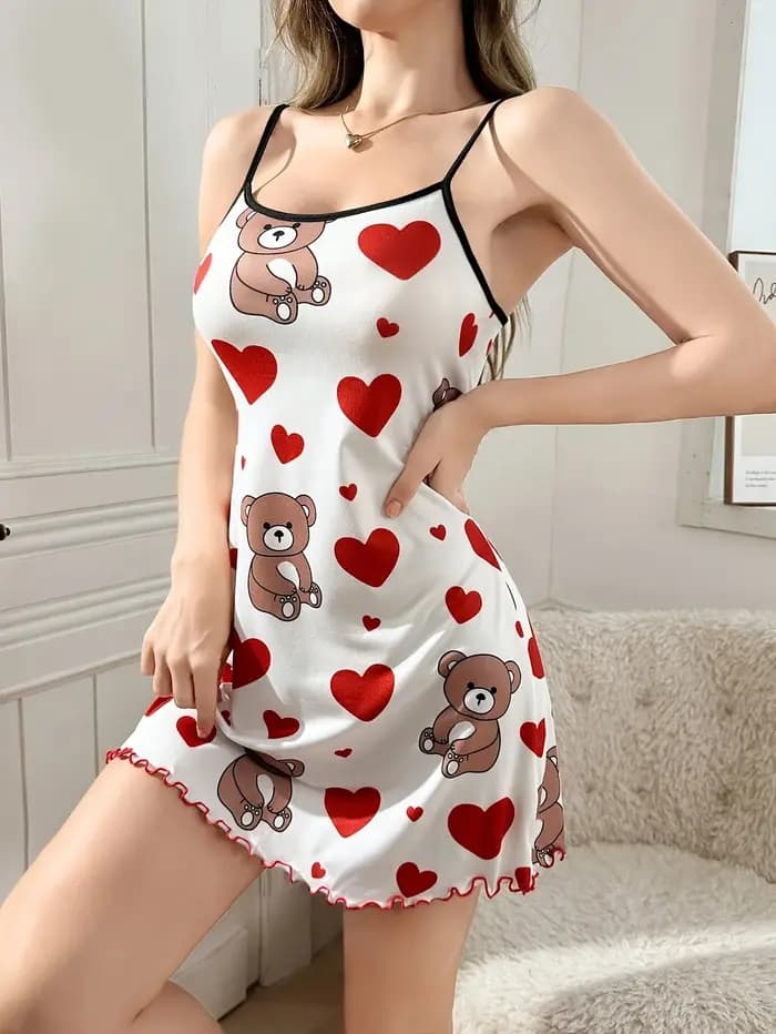 Chemises de nuit pour femmes imprimées ours en peluche et cœurs