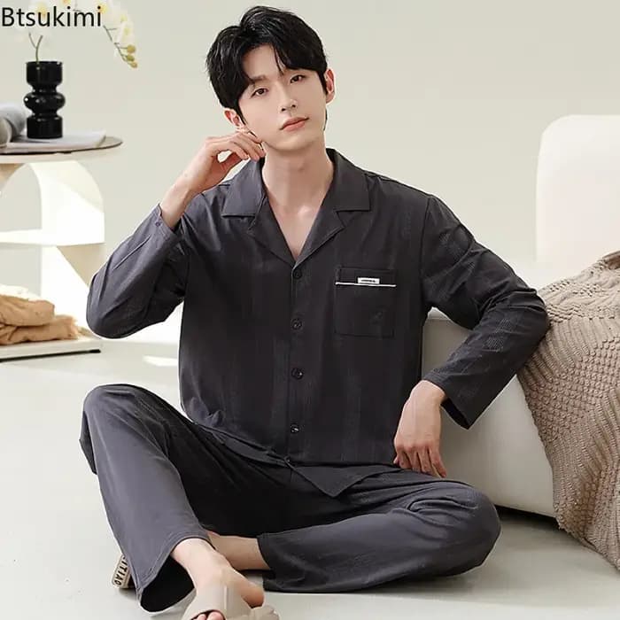 Pyjama pour hommes printemps automne à manches longues revers boutonné Cardigan pantalon deux pièces ample décontracté