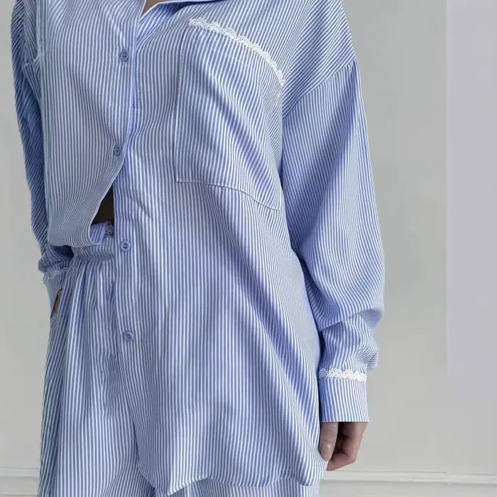 Rayé vêtements de nuit pour femmes 2 pièces costume à manches longues chemise
