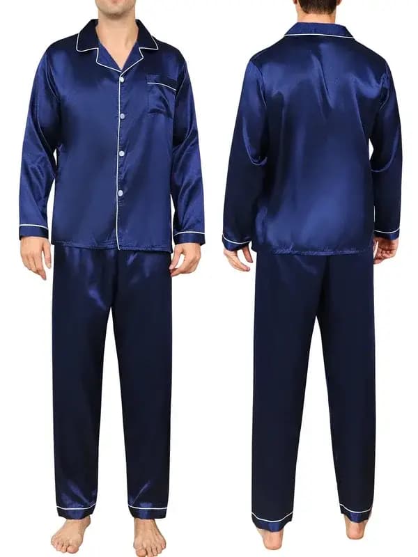 Hommes pyjama ensembles vêtements de nuit en microfibre pour dormir homme chemise Satin à manches longues