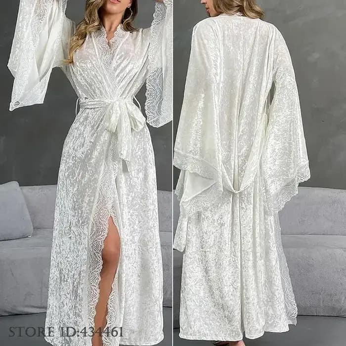 Élégant blanc velours longue Robe Kimono peignoir