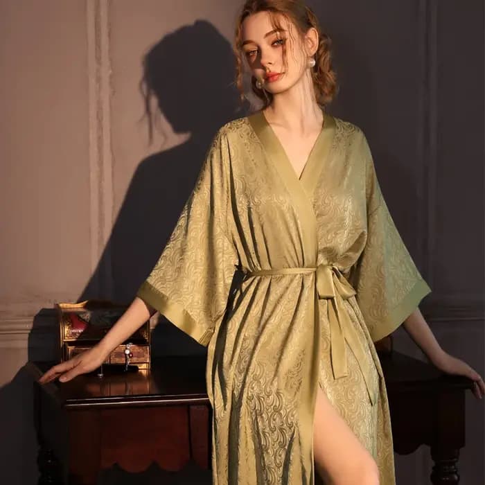 Luxe Jacquard longue Robe chemise de nuit femmes demi manches Kimono peignoir Robe Satin glace soie