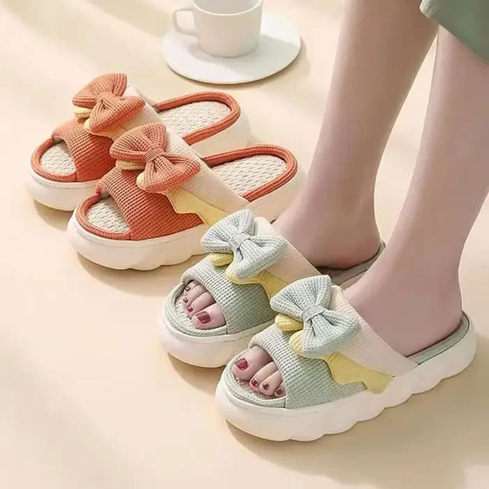 1 paire antidérapant nœud papillon femme lin pantoufles semelle épaisse orteil et trou nœud