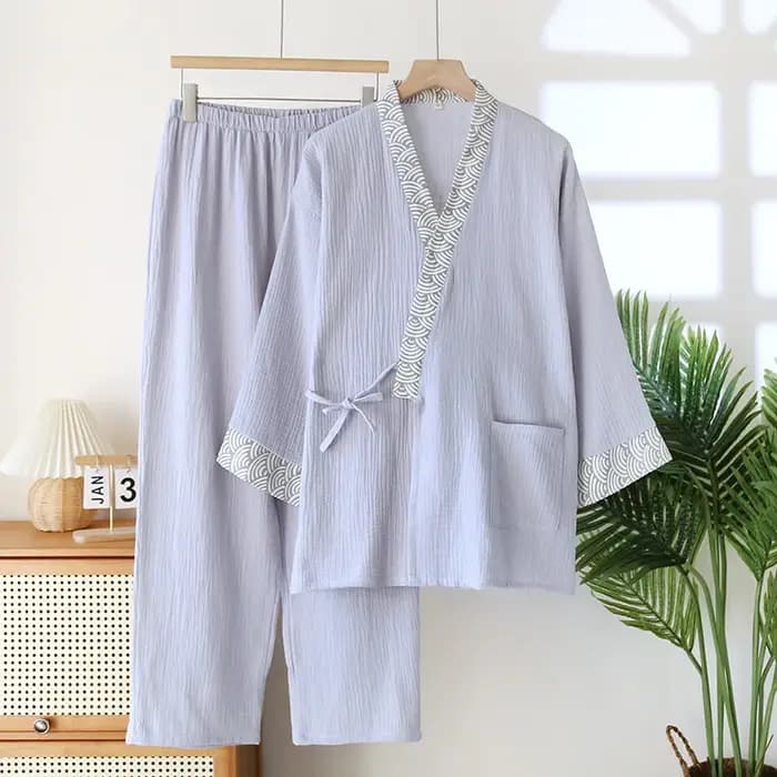 Ensemble pyjama homme 2026 : Kimono et pantalon à manches longues en coton crêpe pour l'automne et le printemps