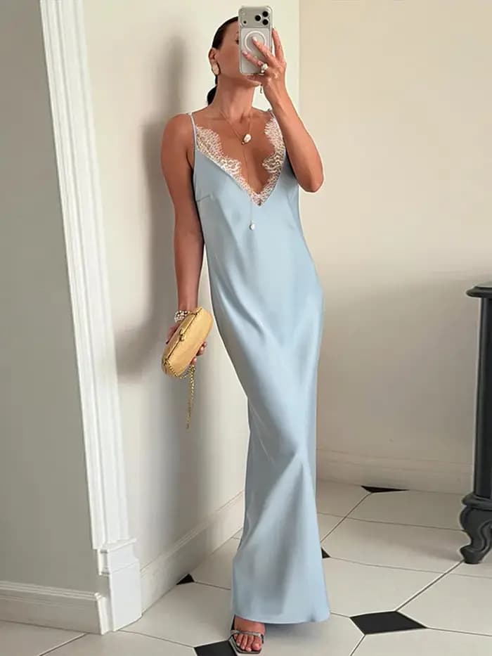 Robe longue sexy en dentelle patchwork pour femme