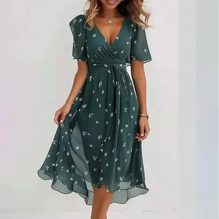 Robe imprimée élégante et à la mode pour femmes, longueur aux genoux, ample, décontractée, col en v,