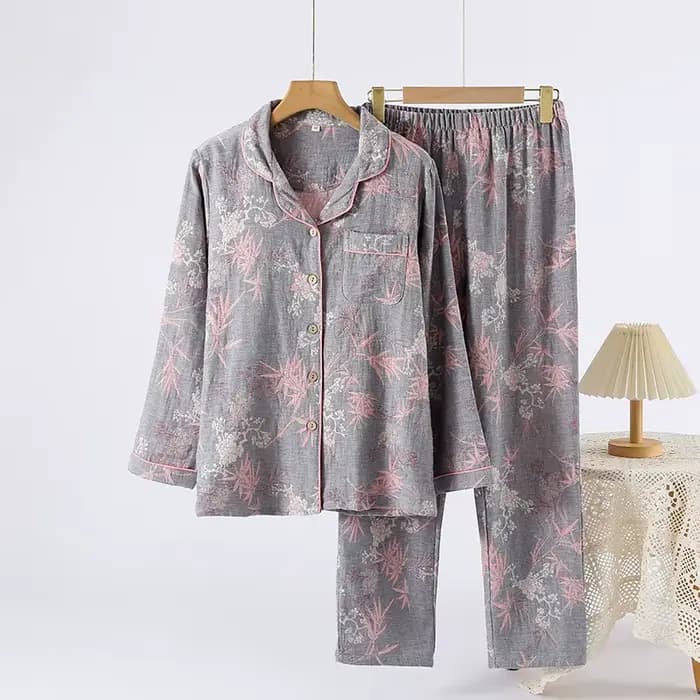 Pyjama rétro à manches longues pour femmes, pantalon en pur coton, Double couche, teint en fil, vête