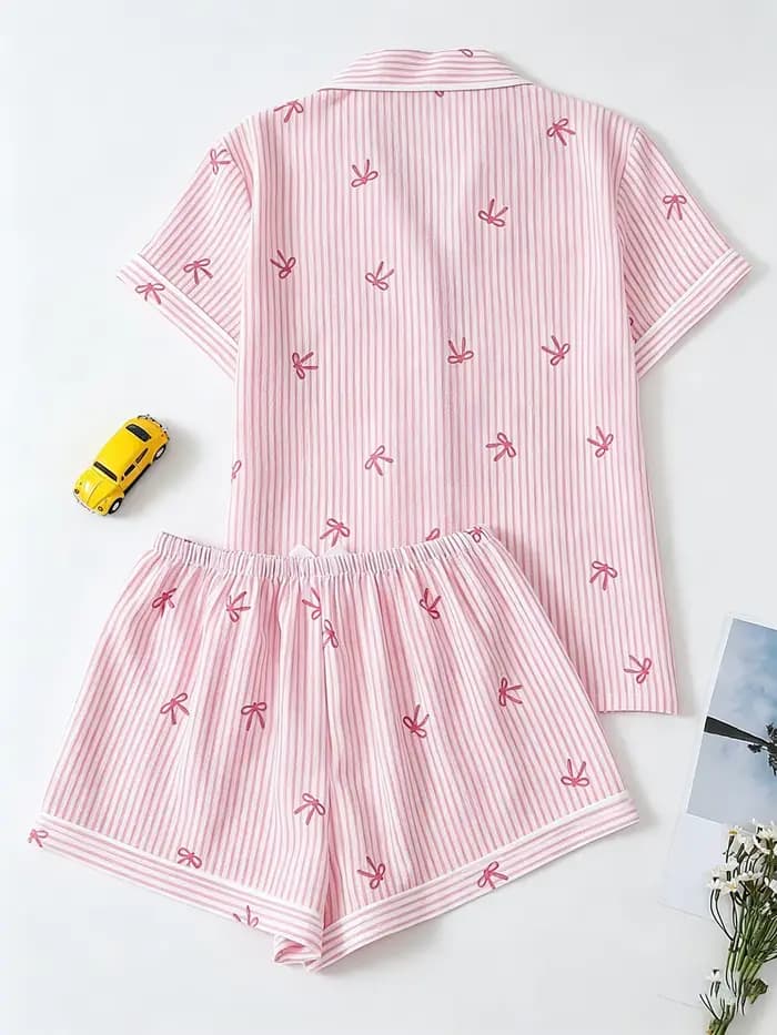 Pyjama classique rayé avec imprimé nœud pour femme