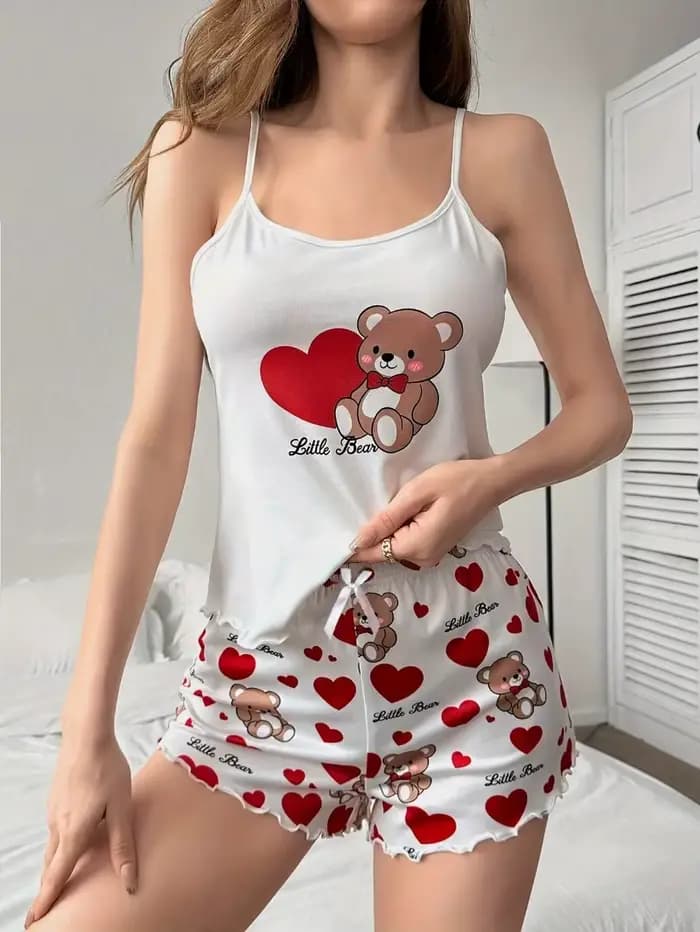 Ensemble pyjama d'été imprimé ours d'amour pour femmes