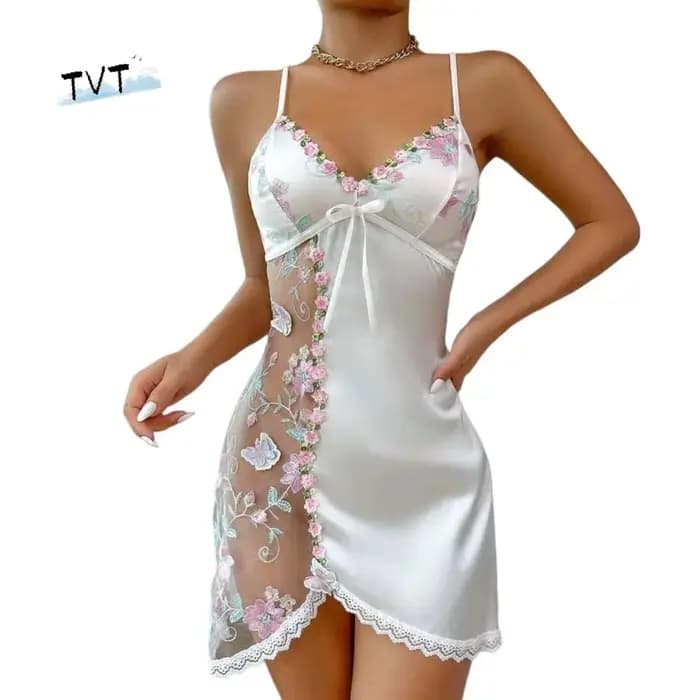 Robe de nuit pour femme en dentelle fine avec nœud