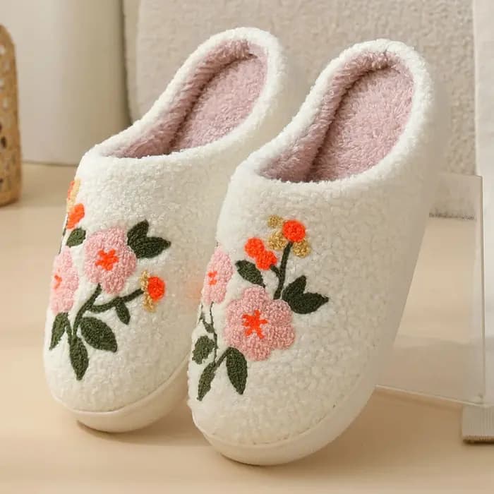 Mignon fleur broderie maison pantoufles femmes confortable semelle souple antidérapant intérieur coton