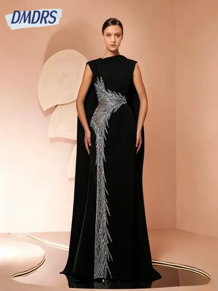 Robe de soirée en crêpe bleue avec broderie et longue écharpe découpée charmante droite perlée pailletée mère du cocktail personnalisée