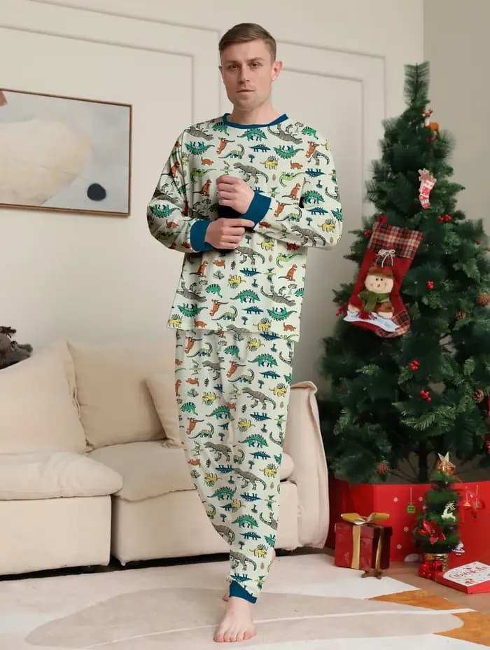 Nouvel ensemble de pyjamas de Noël 2026 à imprimé dinosaure intégral