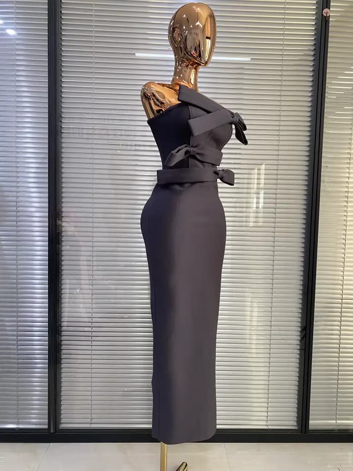 Robes Bandage 2026 Femme Gris Bustier Nœud Papillon Moulante Longue Robe de Soirée Célébrité Club Cocktail Bal de Promo