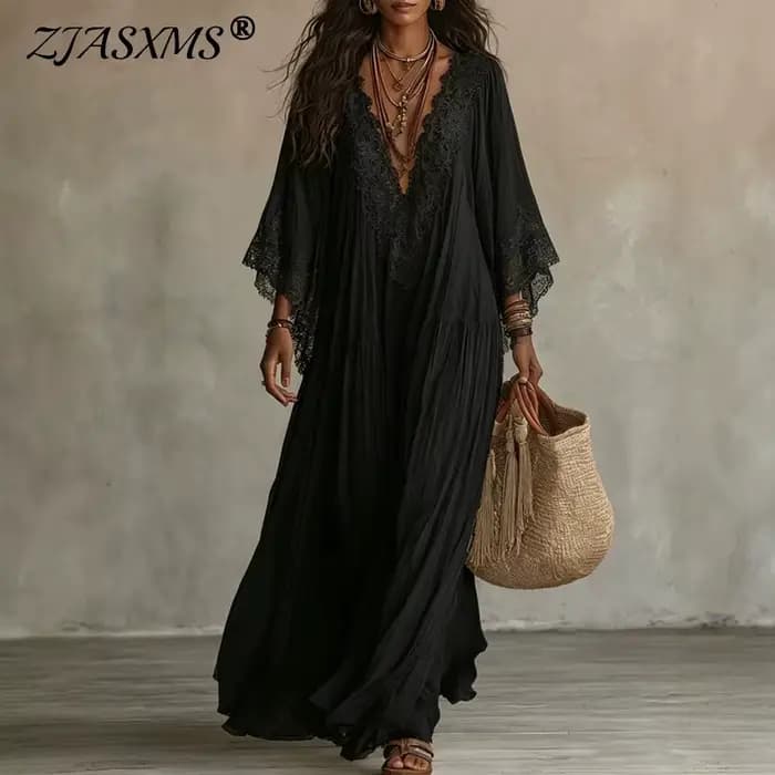 Robe longue vintage en dentelle unie pour femme
